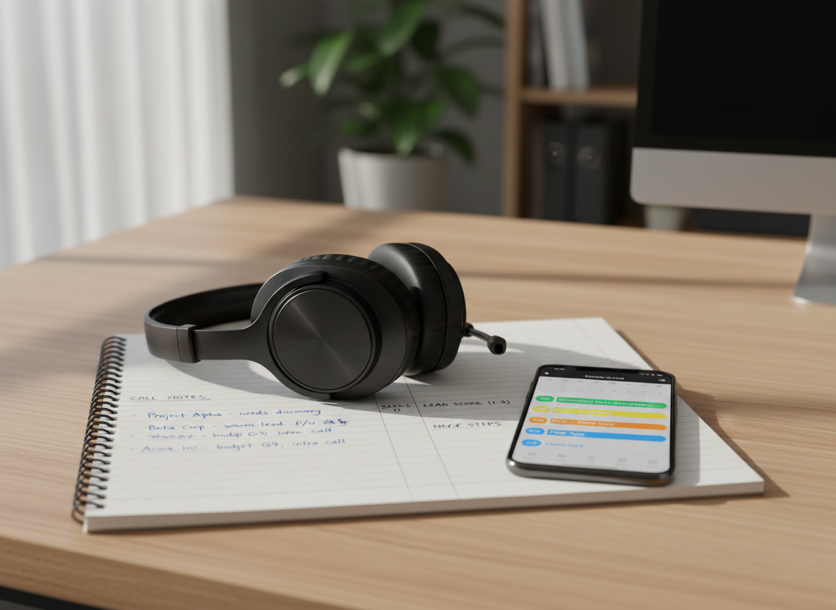 Primo piano fotografico di un headset professionale con cancellazione del rumore appoggiato su un taccuino aperto, con note di chiamata, punteggi di lead e promemoria dei prossimi step scritti in modo ordinato. Accanto, lo schermo di uno smartphone mostra un'agenda di appuntamenti con fasce orarie codificate per priorità. Il tutto è disposto su una scrivania in rovere chiaro, ordinata e luminosa. La luce morbida del mattino crea un'atmosfera concentrata e professionale, tipica di un ambiente dedicato a chiamate B2B empatiche e alla prequalifica delle opportunità.