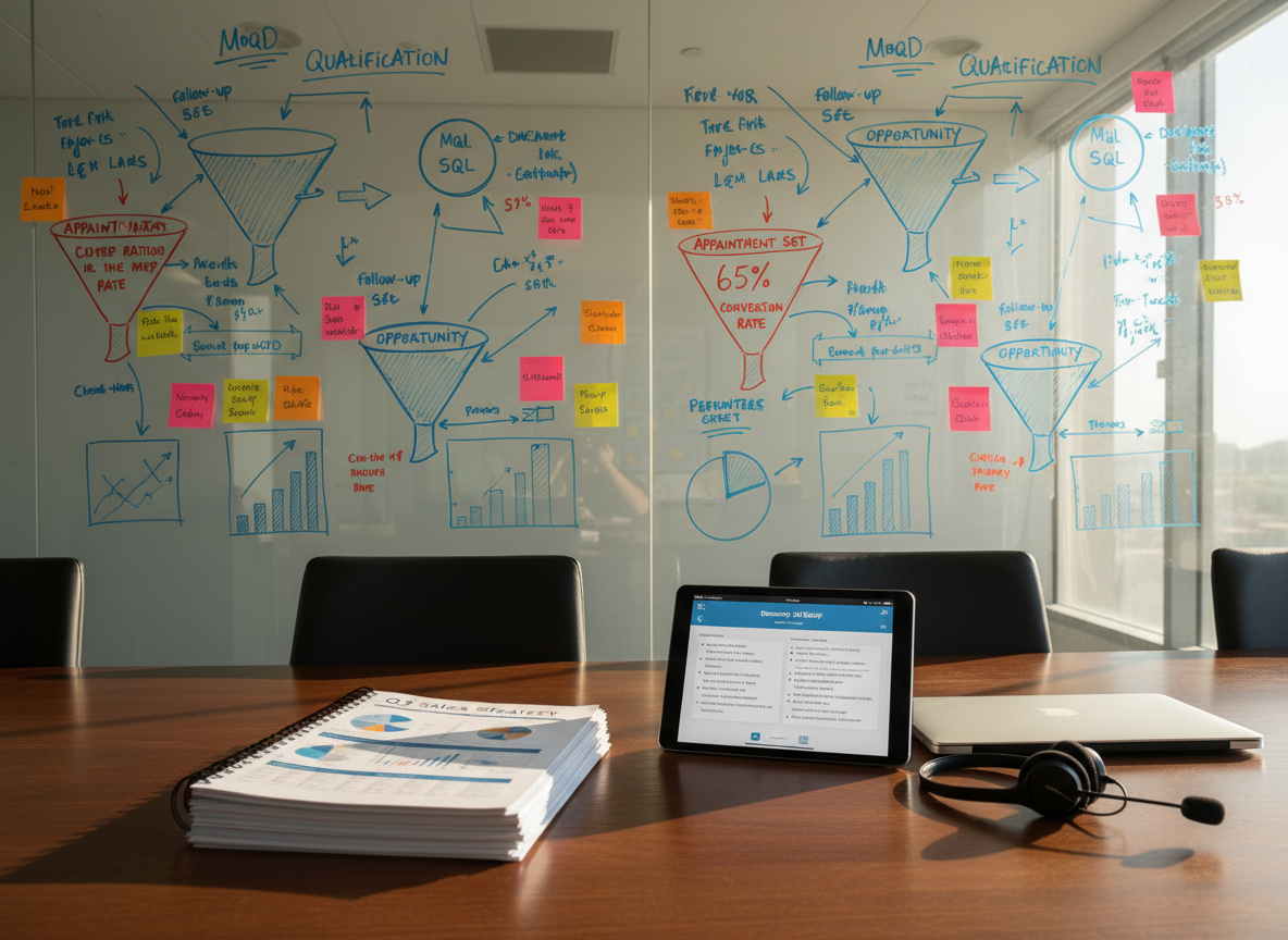 Lavagna in vetro a parete con funnel di qualificazione lead, fasi colorate e tassi di conversione degli appuntamenti, in una sala riunioni B2B. Sul tavolo sono visibili documenti di strategia, uno script di chiamata su tablet e una cuffia, a rappresentare un processo strutturato di telemarketing e prequalifica commerciale.