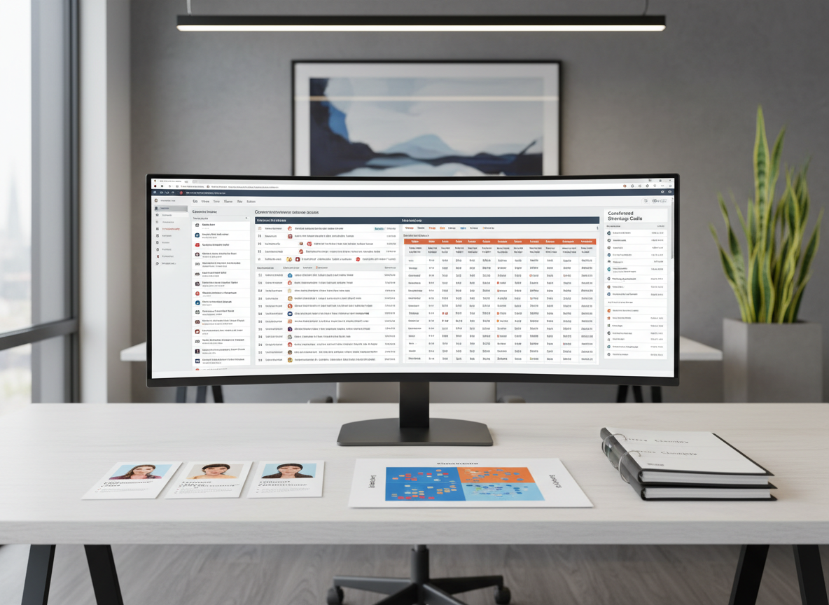 Un ampio monitor ultrawide su una scrivania minimal mostra un CRM avanzato con liste target B2B segmentate, punteggi dei lead e una pipeline di strategic call confermate. Intorno allo schermo si vedono buyer personas stampate, una matrice target a colori e una pila ordinata di script di chiamata, senza persone inquadrate. L’ambiente è un ufficio contemporaneo dai toni neutri, con un quadro astratto alla parete e una pianta discreta sullo sfondo. La luce uniforme, tra LED dall’alto e luce naturale laterale, crea una scena professionale che enfatizza un telemarketing basato sui dati e una prequalifica precisa.