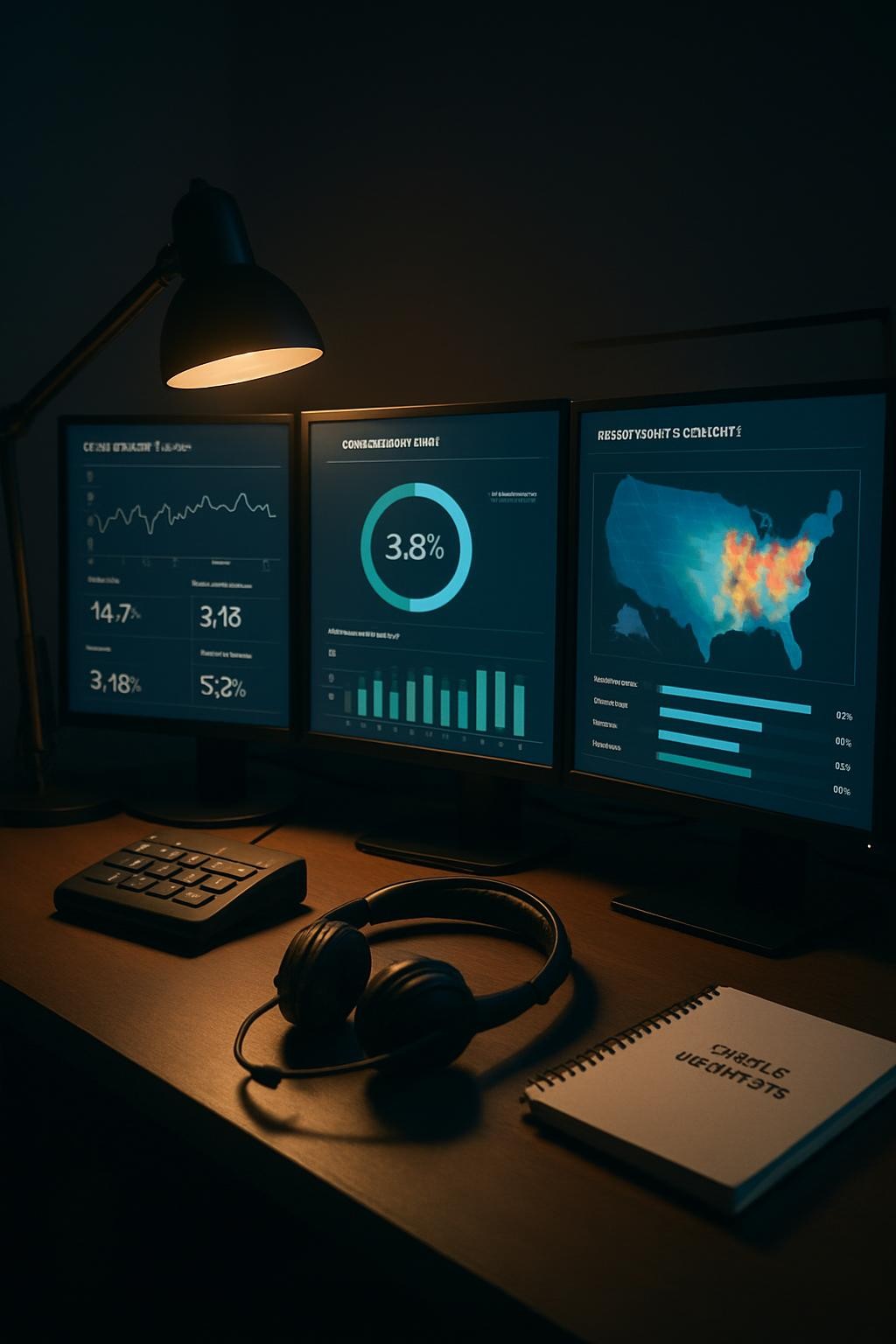 A multi-screen control center desk in a quiet office, with three monitors displaying real-time calling metrics, conversion rates, and heatmaps of most responsive B2B segments. On the desk sit a compact mixing-style call router device, a high-quality headset, and a neatly labeled notebook for quick insights. The room is dimmer, lit primarily by the cool glow of the screens and a focused desk lamp casting a cone of warm light over the workspace. Photographic realism, cinematic side lighting, low-contrast background fading into darkness. Captured from a slightly low angle, the composition emphasizes the sense of a high-tech, mission-critical environment focused on optimizing strategic calls and lead prequalification.