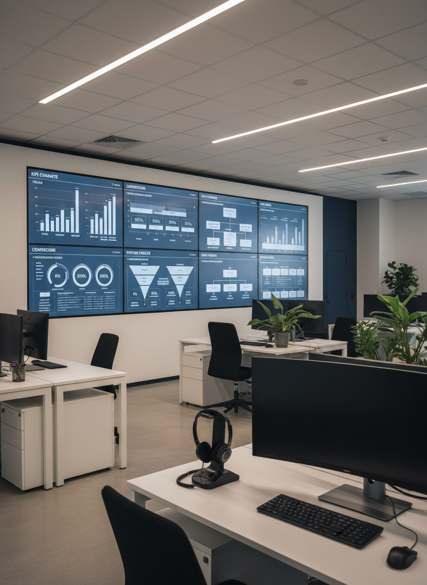 Control room moderna per telemarketing B2B, con più schermi che mostrano KPI di chiamate, conversioni e pipeline, postazione con cuffie professionali e atmosfera pulita e professionale, luce neutra, adatta a un sito B2B italiano.