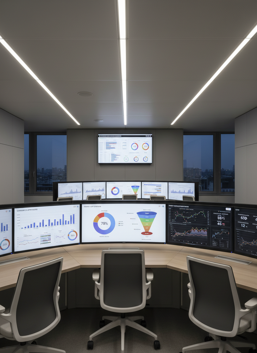 Control room moderna per telemarketing B2B con 2-3 monitor che mostrano KPI di chiamate, rate di show-up e pipeline, senza persone, stile fotografico realistico, luce neutra professionale, adatta a un sito B2B italiano. L'immagine deve risultare diversa da quella già usata nella sezione dei benefici, con un'inquadratura più ampia e accento sui grafici a schermo.